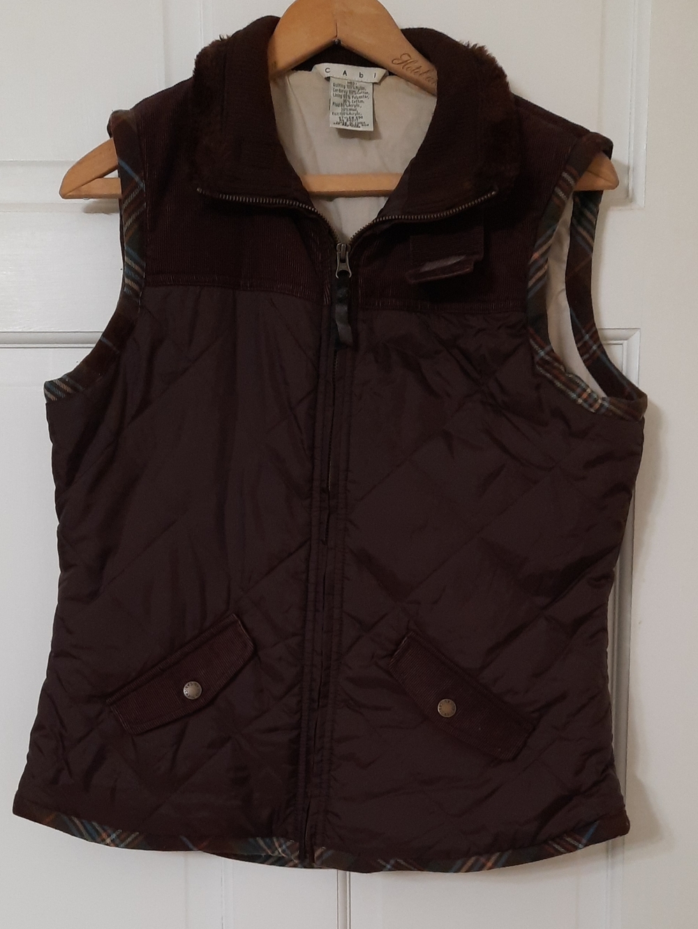 CAbi Dark Brown Quilted Vest with Corduroy Collar